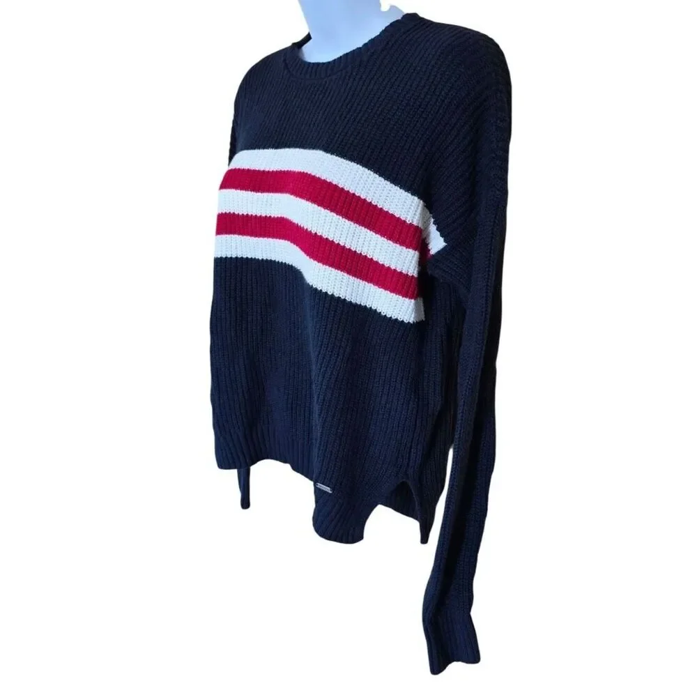 Navy Red & White Striped Knit Sweater Relaxed Fit soft warm outdoor cottagecore